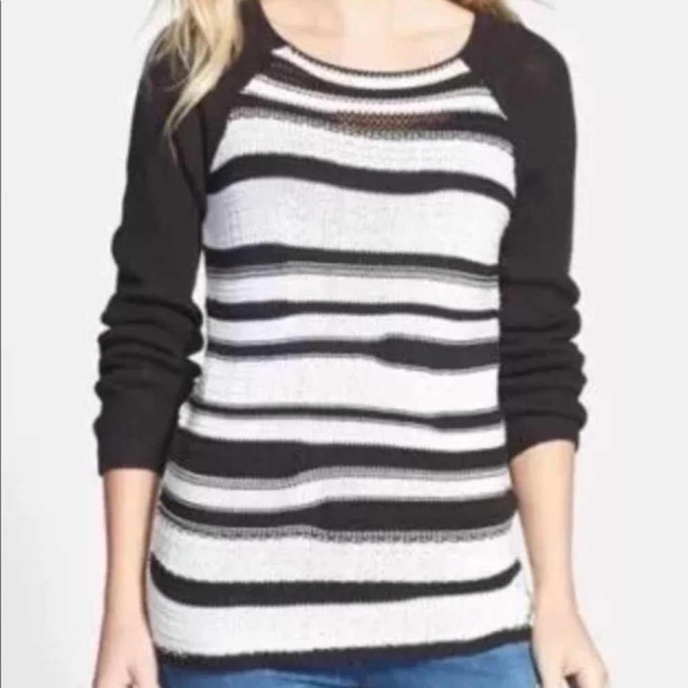 Sanctuary Spliced Striped Black & White 100% Cotton Sweater Size Small